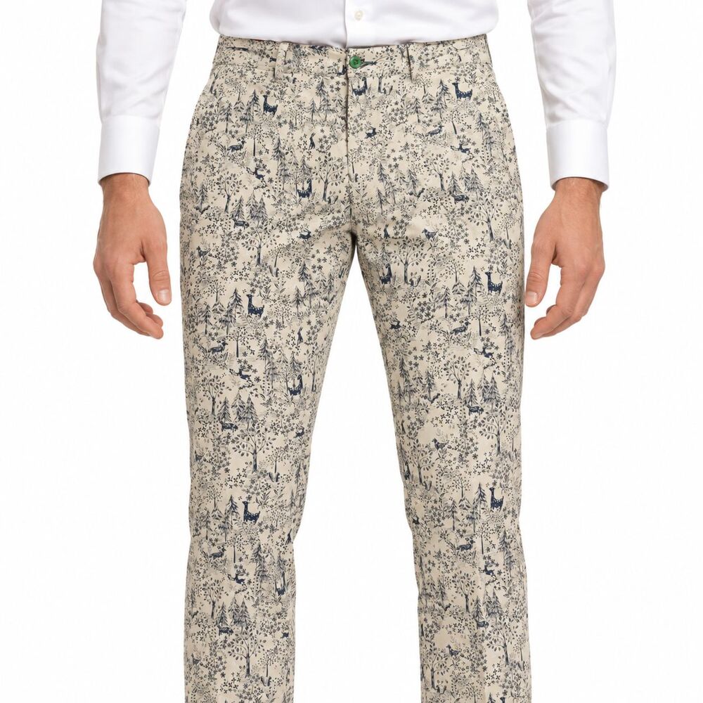 Mens 36 Cream Navy Woodland Deer Print Cotton Slim Fit Dress Pants Trousers NWT